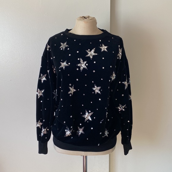 80s Vintage Bonnie Boerer Black Silver Sequin Star-Patterned Velour Sweatshirt S - Picture 3 of 9